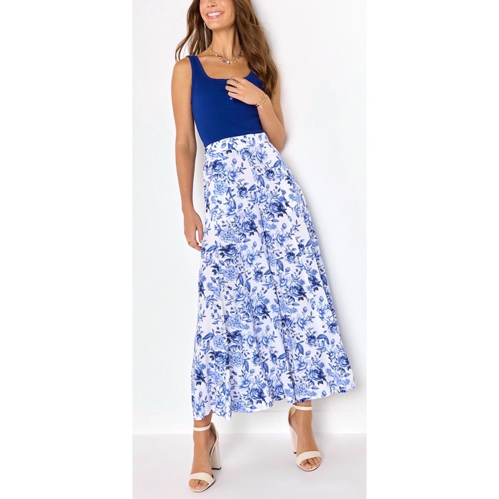 Francescas Blue Floral Wide Leg Palazzo Culotte Pants Sz M Shabby Chic Resort